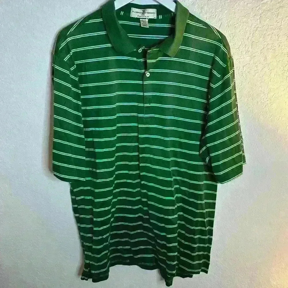 Fairway & Greene 🏌️‍♂️Men’s Green and White Striped Golf Polo with Logo